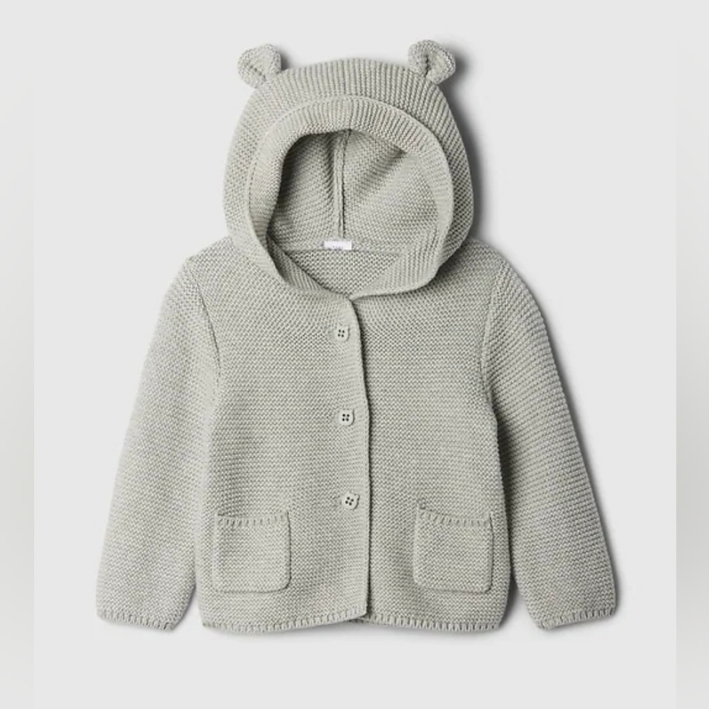 Baby Gap Hooded Bear Sweater Brannan 100% Cotton 12-18 Months Gray Knit Cardigan